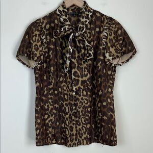 Lafayette 148 New York 100% Silk Blouse Neck Tie Button Down Animal Print Size 4